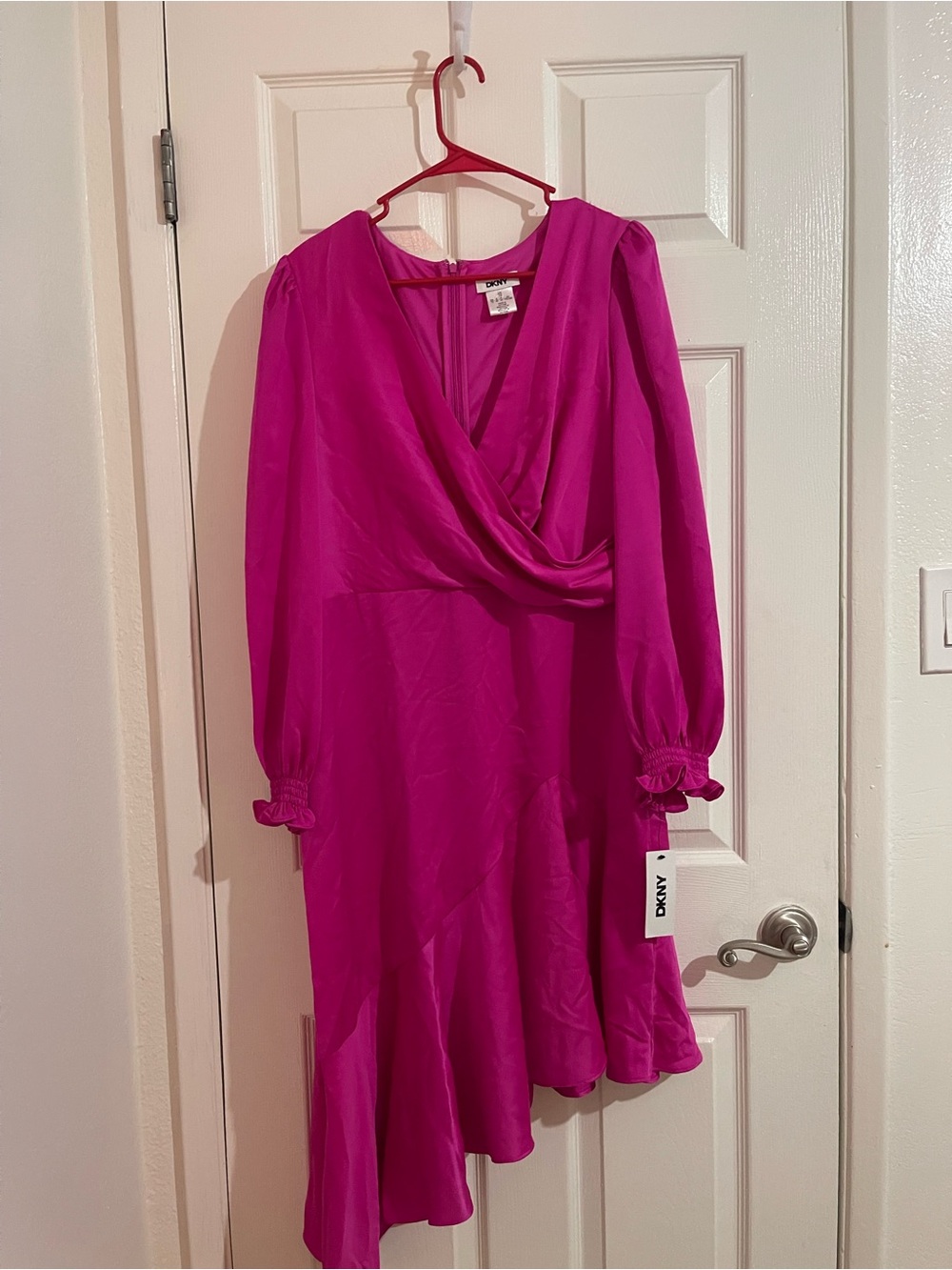 Dkny Magenta Asymmetrical Wrap-Style Long Sleeve Dress